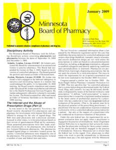 January[removed]Minnesota Board of Pharmacy University Park Plaza 2829 University Ave SE, Suite 530