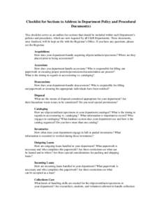 Checklist for Sections to Address in Department Policy and Procedural Document(s) This checklist serves as an outline for sections that should be included within each Department’s policies and procedures, which are now