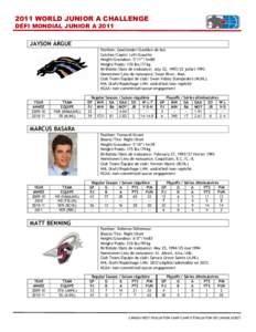 2011 WORLD JUNIOR A CHALLENGE DÉFI MONDIAL JUNIOR A 2011 JAYSON ARGUE Position: Goaltender/Gardien de but Catches/Capte: Left/Gauche Height/Grandeur: 5’11”/1m80