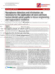 Mycoplasma detection and elimination are necessary for the application of stem cell from human dental apical papilla to tissue engineering and regenerative medicine