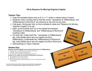 VS.4c Reasons for Moving Virginia’s Capital Teacher Tips: Copy the template below onto an 8 ½ x 11” white or colored piece of paper. Students make a hotdog fold so that the words “Jamestown to Williamsburg” and 