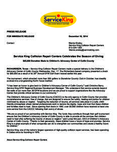 PRESS RELEASE FOR IMMEDIATE RELEASE December 18, 2014  Contact: