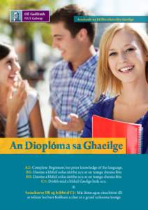 Acadamh na ­hOllscolaíochta Gaeilge  An Dioplóma sa Ghaeilge A2: Complete Beginners/no prior knowledge of the language. B1: Daoine a bhfuil eolas áirithe acu ar an teanga cheana féin B2: Daoine a bhfuil eolas áirit