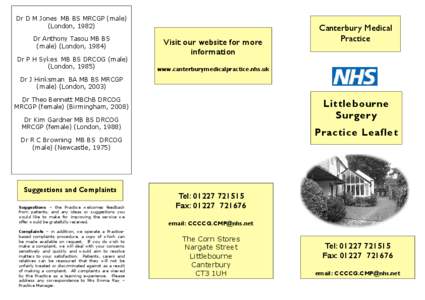 Dr D M Jones MB BS MRCGP (male) (London, 1982) Dr Anthony Tasou MB BS (male) (London, 1984) Dr P H Sykes MB BS DRCOG (male) (London, 1985)