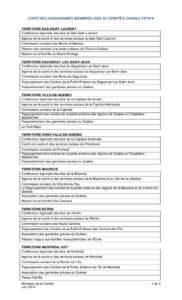 LISTE DES ORGANISMES MEMBRES DES 22 COMITÉS CONSULTATIFS TERRITOIRE BAS-SAINT-LAURENT Conférence régionale des élus du Bas-Saint-Laurent Agence de la santé et des services sociaux du Bas-Saint-Laurent Commission sco