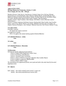 ApprovedMeeting Minutes for Wednesday, October 17, 2012 West Campus, BC 214, 3:00 – 5:00 pm Members Present: Cindy Bower, Stan Bursten, Gordon Coburn, Steve DaVega, Melanie Eckford-Prossor, Jack Friedlander