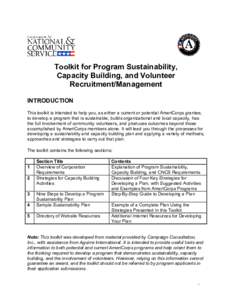 Toolkit for Program Sustainability,  Capacity Building, and Volunteer Recruitment/Management