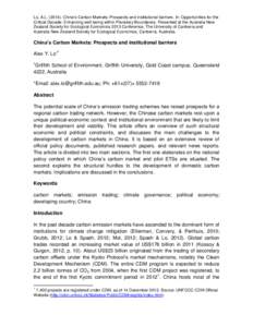 Lo, A.LChina’s Carbon Markets: Prospects and institutional barriers. In: Opportunities for the Critical Decade: Enhancing well-being within Planetary Boundaries. Presented at the Australia New Zealand Society