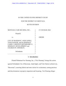 Case 2:09-cv[removed]DLC Document 137 Filed[removed]Page 1 of 31  IN THE UNITED STATES DISTRICT COURT FOR THE DISTRICT OF MONTANA BUTTE DIVISION