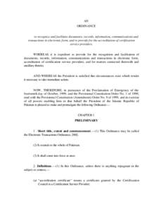 AN ORDINANCE to recognize and facilitate documents, records, information, communications and transactions in electronic form, and to provide for the accreditation of certification service providers. WHEREAS it is expedie