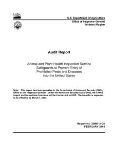 U.S. Department of Agriculture Office of Inspector General Midwest Region Audit Report Animal and Plant Health Inspection Service