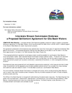 For immediate release: September 13, 2004 For more information, contact: Karin Stangl, Public Information Officer Office of the State Engineer/Interstate Stream Commission[removed]