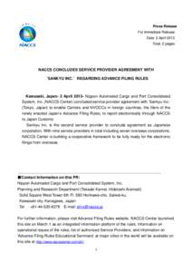 Press Release For Immediate Release Date: 2 April 2013 Total: 2 pages  NACCS CONCLUDES SERVICE PROVIDER AGREEMENT WITH