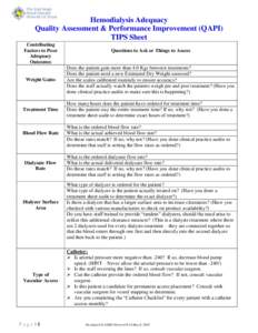 Hemodialysis Adequacy Quality Assessment & Performance Improvement (QAPI) TIPS Sheet Contributing Factors to Poor Adequacy