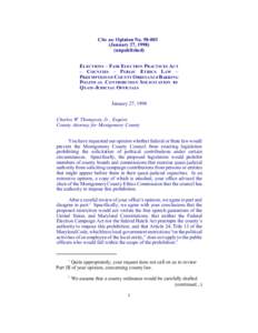 Cite as: Opinion No[removed]January 27, [removed]unpublished) ELECTIONS ) FAIR ELECTION PRACTICES ACT ) COUNT IES ) PUBLIC ETHICS LAW ) PREEMPTION OF COUNTY ORDINANCE BARRING