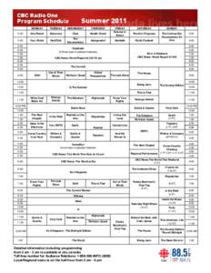 CBC Radio One Summer Schedule[removed]MONDAY 5:00 5:30