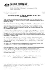 Thursday, 11 September[removed]VA068 AUSTRALIA’S FIRST ACTION OF THE FIRST WORLD WAR REMEMBERED