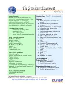 Lesson Summary Students will create imaginary towns and analyze their greenhouse gas emissions. Then they will participate in a greenhouse experimental demonstration and finally demonstrate their knowledge of the greenho