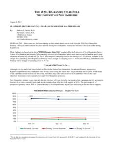 THE WMUR GRANITE STATE POLL THE UNIVERSITY OF NEW HAMPSHIRE August 6, 2013 CLINTON IN DRIVERS SEAT, NO CLEAR GOP LEADER FOR 2016 NH PRIMARY By: