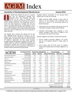 Index Association of Gaming Equipment Manufacturers he AGEM Index started the year on a positive note with an 8.8-percent increase from December[removed]The composite index was[removed]by the close of January 2013,