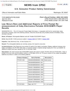 Low Return Rate and Additional Reports of Fires Prompt Re-announcement of Coby Electronics Portable DVD/CD/MP3 Player Recalls