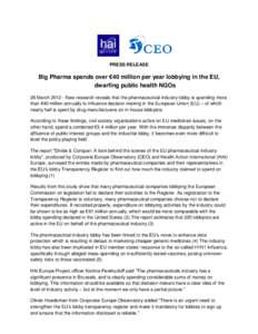 PRESS RELEASE  Big Pharma spends over €40 million per year lobbying in the EU, dwarfing public health NGOs 28 March[removed]New research reveals that the pharmaceutical industry lobby is spending more than €40 million