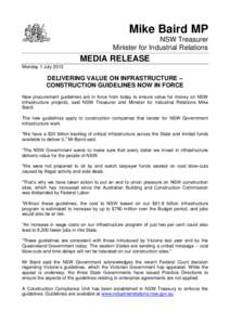 Mike Baird MP NSW Treasurer Minister for Industrial Relations MEDIA RELEASE Monday 1 July 2013