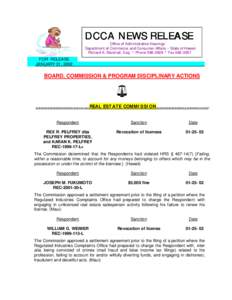 DCCA NEWS RELEASE  Office of Administrative Hearings . Department of Commerce and Consumer Affairs – State of Hawaii Richard A. Marshall, Esq. * Phone[removed] * Fax[removed]