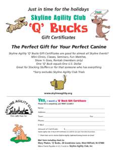 Just in time for the holidays  Skyline Agility Club ‘Q’ Bucks Gift Certificates