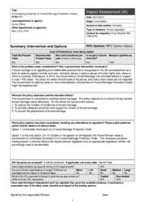 Title: Criminalising breaches of Forced Marriage Protection Orders IA No: HO Impact Assessment (IA)