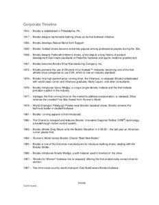 Corporate Timeline 1914 – Brooks is established in Philadelphia, PA. 1917 – Brooks designs fashionable bathing shoes as its first footwear initiative.