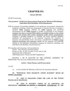 Ch[removed]CHAPTER 574 (Senate Bill 612) AN ACT concerning Procurement – Preference Procurement Program for Sheltered Workshops –