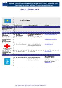 Regional DIPECHO Central Asia Consultative Meeting, 18-19th November 2009 Kazakhstan, Kyrgyzstan, Tajikistan, Turkmenistan and Uzbekistan. LIST OF PARTICIPANTS  Kazakhstan