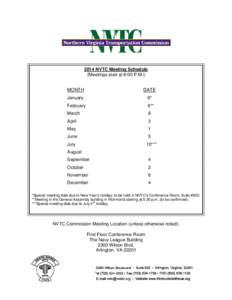 2014 NVTC Meeting Schedule [Meetings start at 8:00 P.M.] MONTH DATE