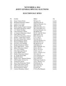 NOVEMBER 4, 2014 JOINT GENERAL/SPECIAL ELECTIONS ELECTION DAY SITES Pct.  Location