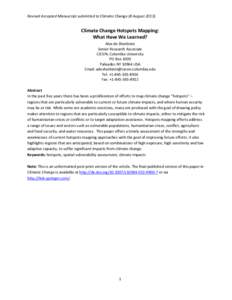 Revised Accepted Manuscript submitted to Climatic Change (8 AugustClimate Change Hotspots Mapping: What Have We Learned? Alex de Sherbinin Senior Research Associate