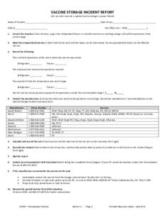 VACCINE STORAGE INCIDENT REPORT (For use when vaccine is wasted due to storage or power failure) Name of Provider______________________________________________________________ Date of Loss________________________________