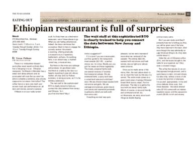 THE STAR-LEDGER  EATING OUT Ethiopian restaurant is full of surprises Mesob