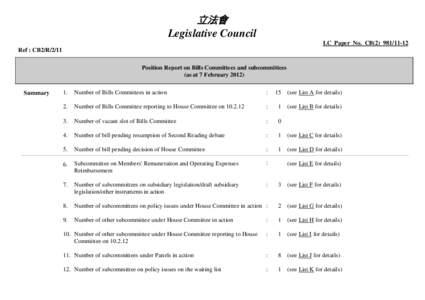 立法會 Legislative Council LC Paper No. CB[removed]Ref : CB2/R/2/11 Position Report on Bills Committees and subcommittees (as at 7 February 2012)