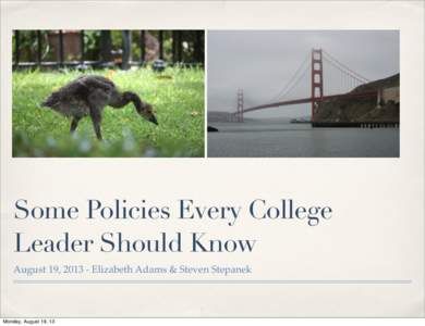 Some Policies Every College Leader Should Know August 19, [removed]Elizabeth Adams & Steven Stepanek Monday, August 19, 13