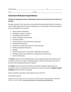 Student Name_______________________________________________ ID_______________________ Class_________________________________ Teacher________________________________________ Classroom Behavior Expectations Students are ex