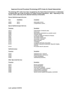 Approved Current Procedural Terminology (CPT) Codes for Hawaii Optometrists The following CPT codes have been recognized by the Hawaii Board of Examiners in Optometry as falling within the scope of practice of a Hawaii l