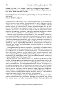 404	  Nonprofit and Voluntary Sector QuarterlyPekkanen, R. J., Smith, S. R., & Tsujinaka, Y. (EdsNonprofits & advocacy: Engaging community and government in an era of retrenchment. Baltimore, MD: Johns