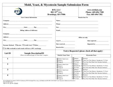 Mold, Yeast, & Mycotoxin Sample Submission Form RTI, LLC 801 32nd Ave. Brookings, SDwww.4rtilab.com