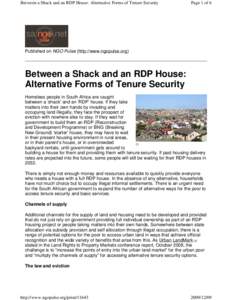 Between a Shack and an RDP House: Alternative Forms of Tenure Security  Page 1 of 6 Published on NGO Pulse (http://www.ngopulse.org)