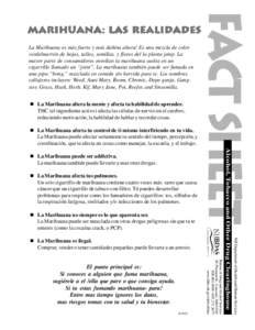 La Marihuana es más fuerte y más dañina ahora! Es una mezcla de color verde/marrón de hojas, tallos, semillas, y flores del la planta jemp. La mayor parte de consumidores enrollan la marihuana suelta en un cigarrillo