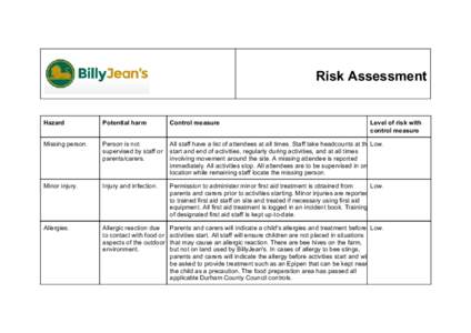 Risk Assessment  Hazard Potential harm