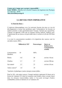 Contact qui n’engage que sa propre responsabilité : Emile MOREL. (Membre de la Société Française des Ingénieurs des Plastiques et Composites - SFIP). [removed] Eté 2008