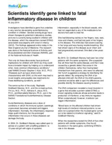 Scientists identify gene linked to fatal inflammatory disease in children