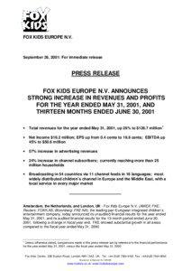 FOX KIDS EUROPE N.V.  September 26, 2001: For immediate release